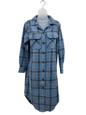 Skylar Rose Blue Plaid Wool Blend Shirt Dress Shacket Midi Button Front women S